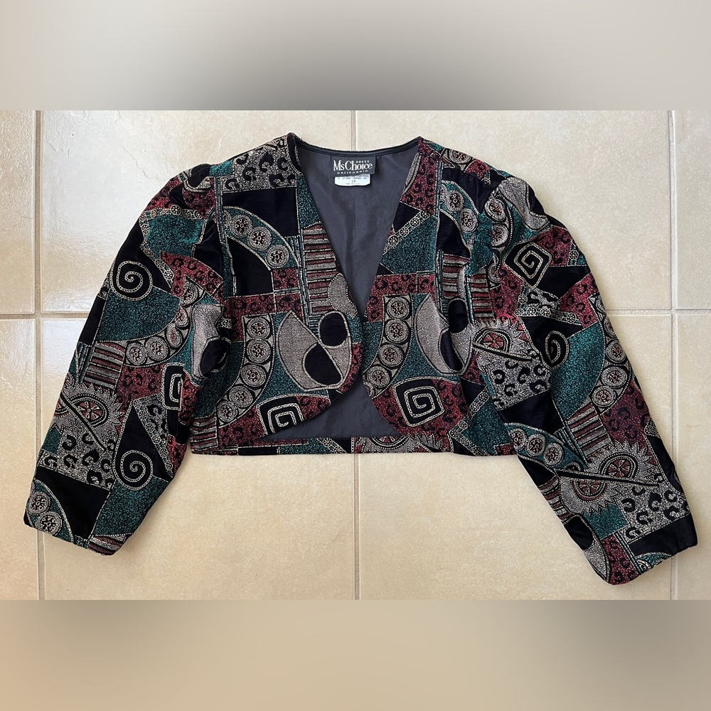 VTG Ms Choice Womens 10 Bolero Crop Jacket Black Velvet Metallic Geometric Wave